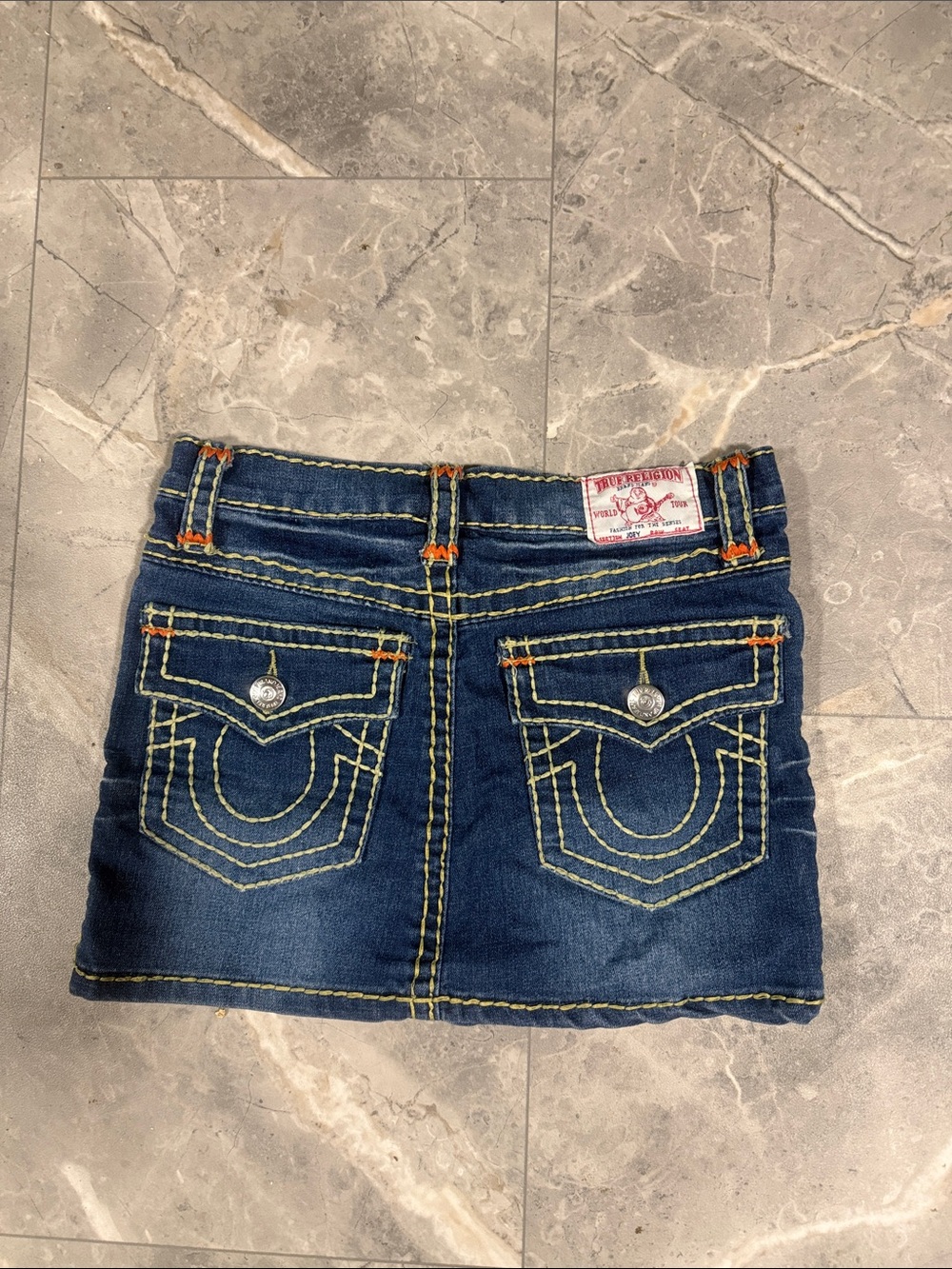 True Religion Dark Blue Denim Mini Skirt with Contrast Stitching